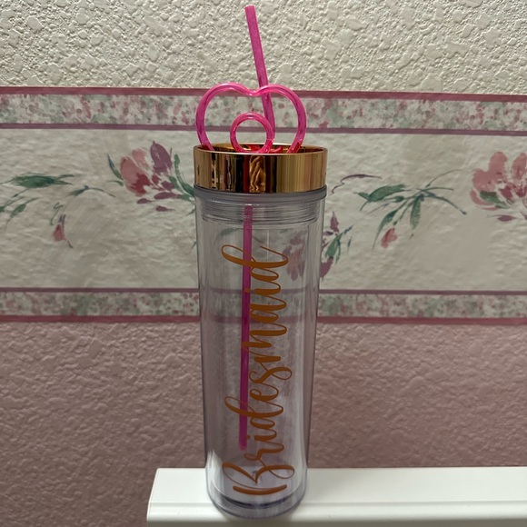 NWOT Clear Bridesmaid Water Bottle with Rose Gold Lid and Pink Silly Straw - Picture 2 of 3